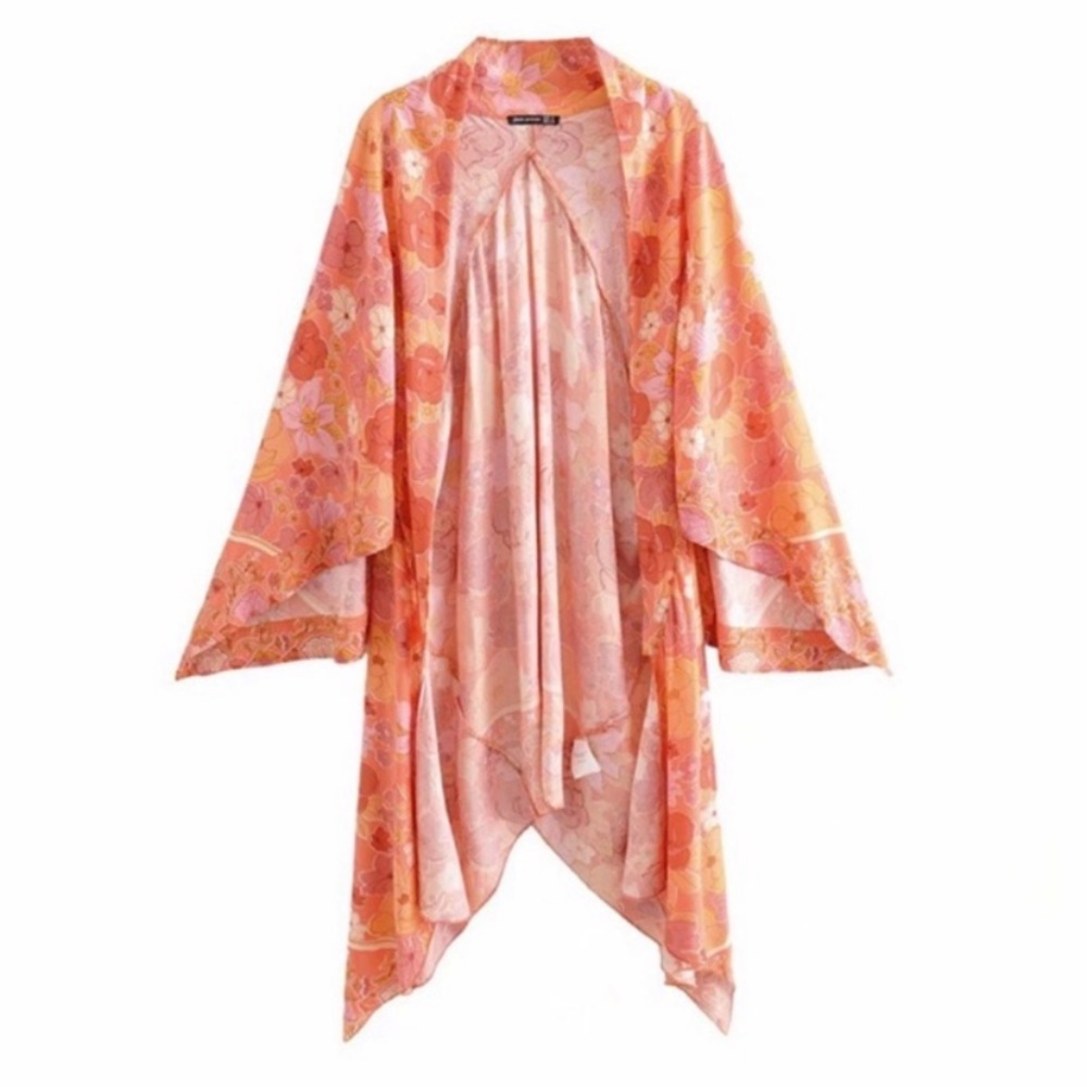 SOLD OUT Orange Boho Floral Print Short Kimono Coverup Wrap - Picture 2 of 8
